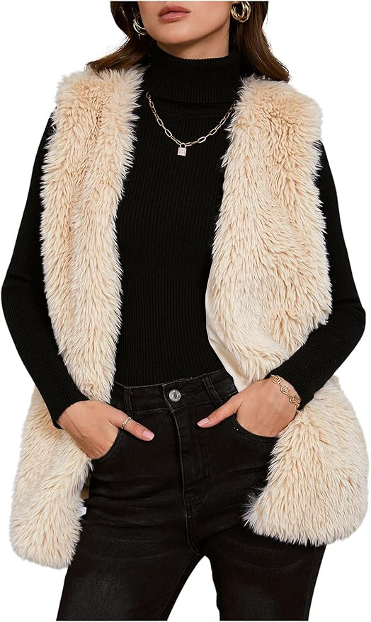 Verdusa Women's Fuzzy Faux Fur Sleeveless Vest Teddy Coats Open Front Plush Waistcoat Outerwear | Amazon (US)