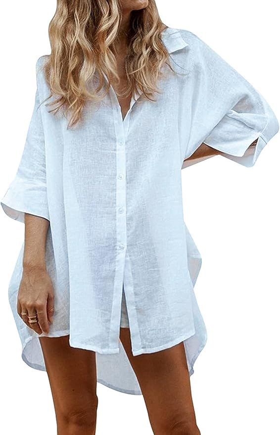 Zeagoo Women Swimsuit Coverup 3/4 Sleeve Linen Shirts Casual Button Down Beach Cover Up | Amazon (US)