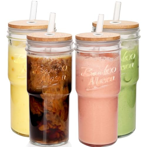 ANOTION Glass Cups with Lids and Straws - 4 Packs Drinking Glasses Coffee Bar Accessories 24 oz Travel Coffee Mug Bamboo Mason Jar Glass Straws Iced Coffee Cup Smoothie Glass Tumbler Tea Water Cups | Amazon (US)