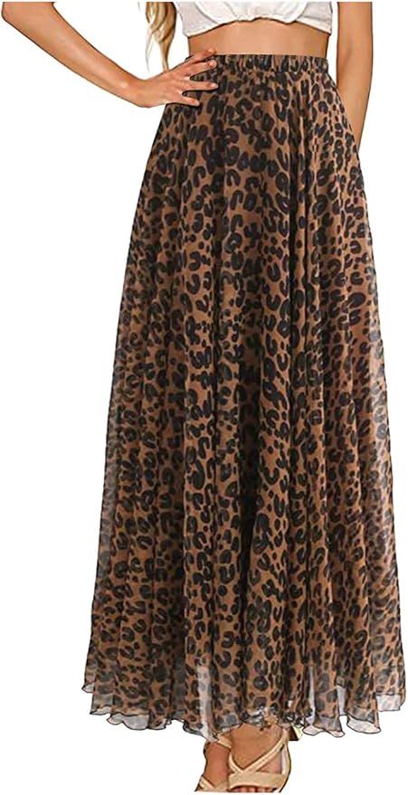 L'VOW Women's Elastic Leopard Print Watercolor Maxi Skirt Pleated Shirring High Waisted Dress | Amazon (US)