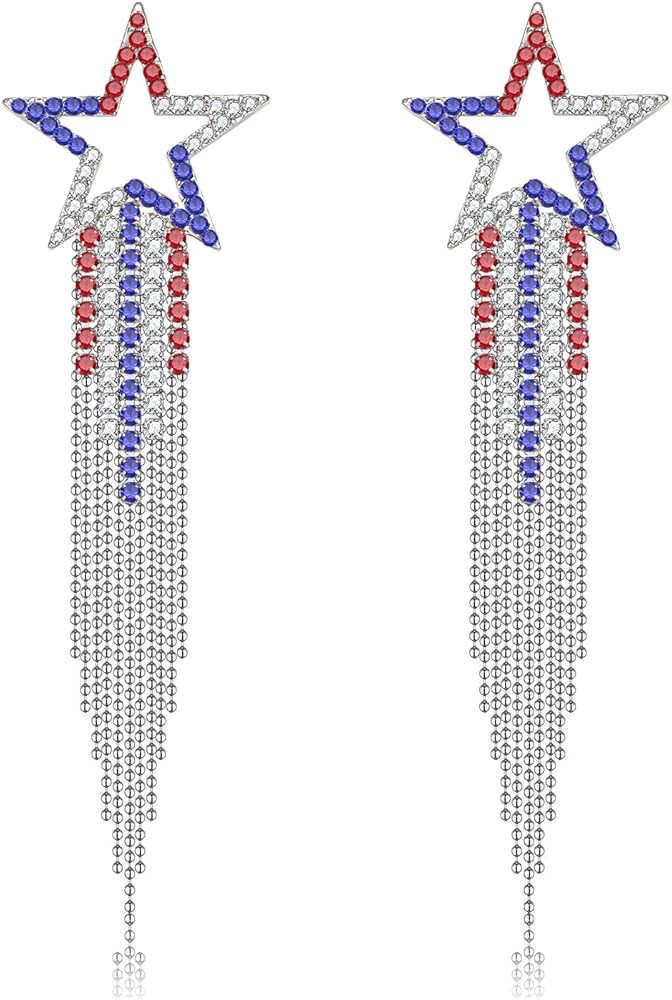 Women’s Tassel Earrings Star Ear Stud Pave Crystal Dangle Earrings Boho Waterfall Beaded Fringe... | Amazon (US)