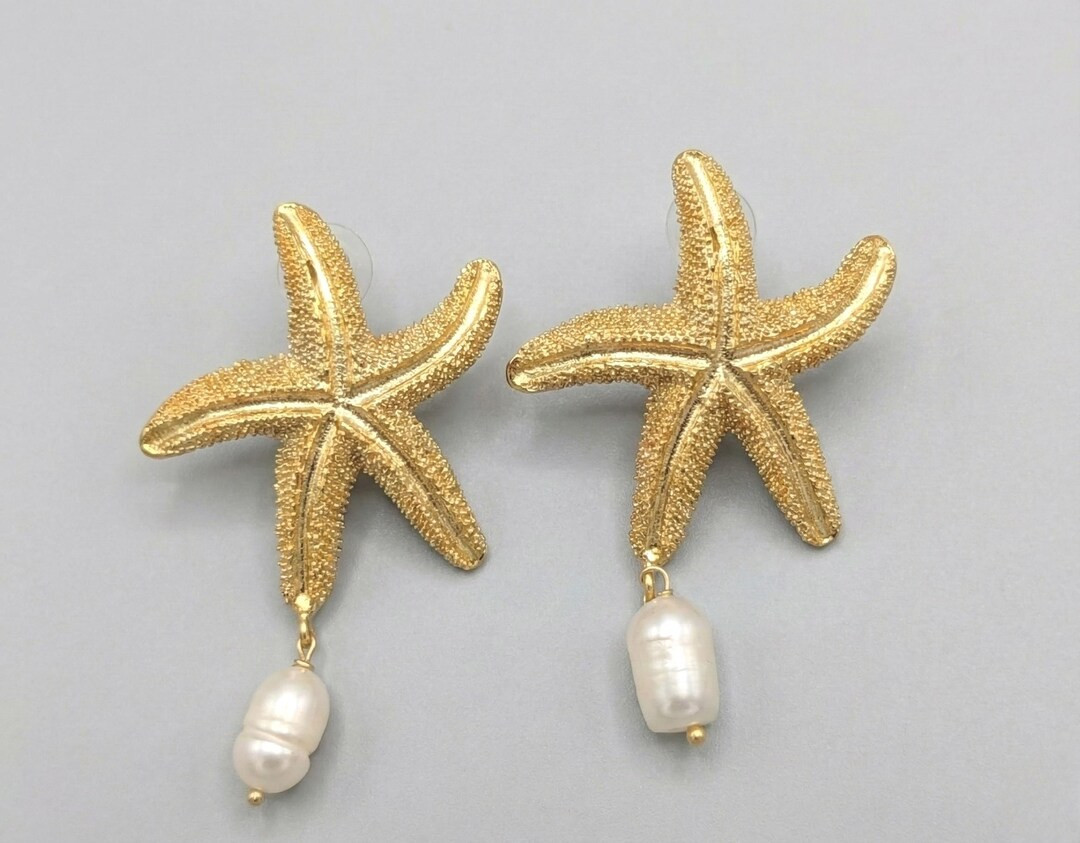 Gold Starfish Pearl Dangle Earrings | Coastal Brass Jewelry - Etsy | Etsy (US)