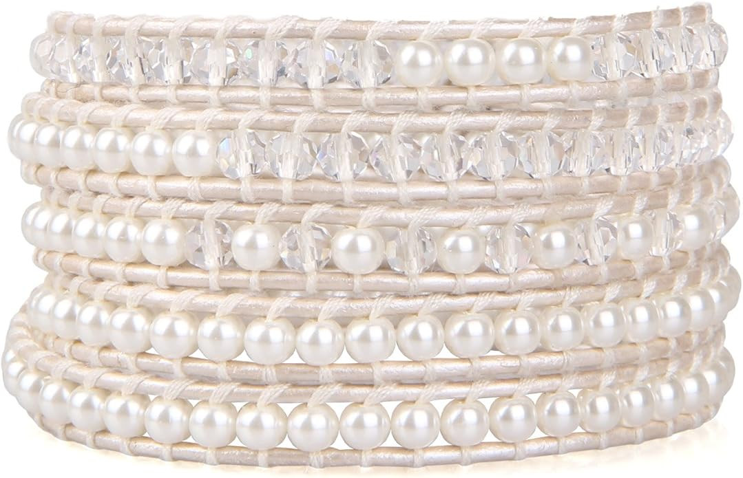 KELITCH White Pearl Crystal Beads Bracelet 5 Wrap Bracelets Handmade White Leather Charm Bracelet... | Amazon (US)