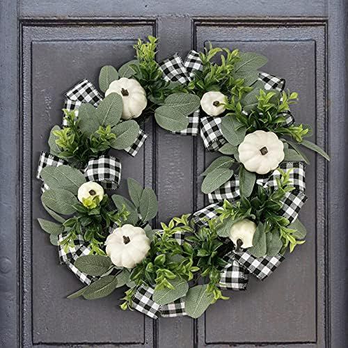 Fall Decor for Home - Fall Wreaths for Front Door - 16 inch White Buffalo Check Autumn Pumpkin Wr... | Amazon (US)