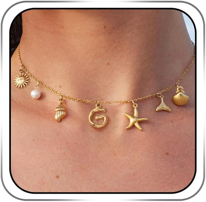 Initial Charm Necklace For Women Shell Seashell Summer Beach Letter 14K Gold Plated Pendant Starf... | Amazon (US)