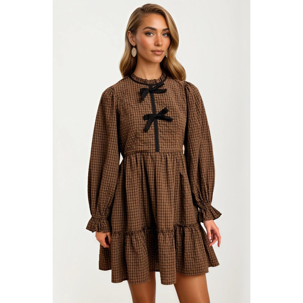 Knit and Lounge Plaid Bow Accent Long Puff Sleeve Mini Dress in Brown /Black Plaid at Nordstrom, Size Large | Nordstrom