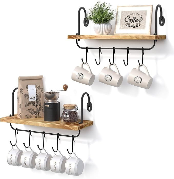 Olakee Floating Wall Shelves for Kitchen Bathroom Coffee Nook with 10 Adjustable Hooks for Mugs C... | Amazon (US)
