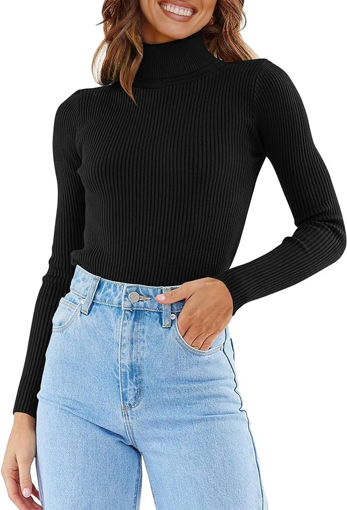 ZESICA Women's 2023 Turtleneck Long Sleeve Knit Shirts Fall Basic Tops Slim Fitted Ribbed Sweater | Amazon (US)