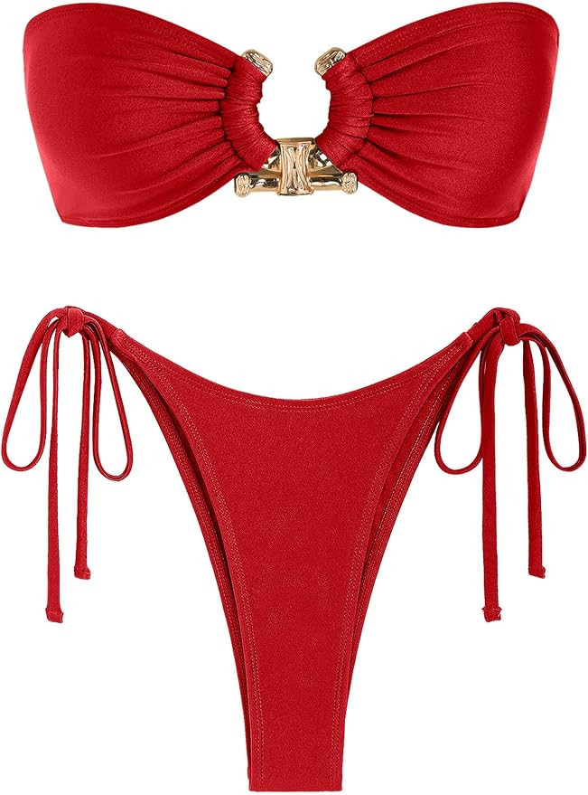 ZAFUL Womens Bathing Suit Bandeau Bikini Sets Resort High Cut Tie Side Bikini Bottom Metal Ring S... | Amazon (US)