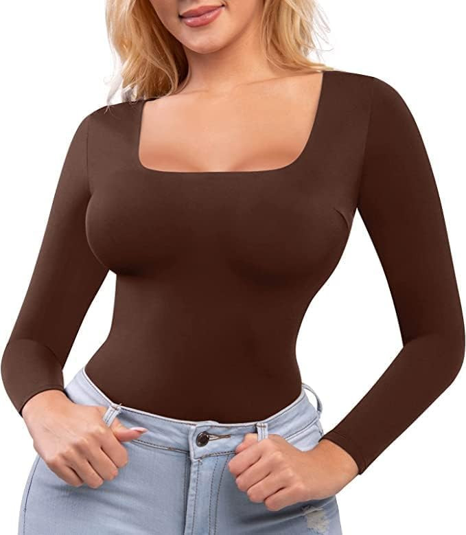 Popilush Square Neck Bodysuit for Women Long Sleeve Thong Shapewear Built In Bra Basic Jumpsuit C... | Amazon (US)