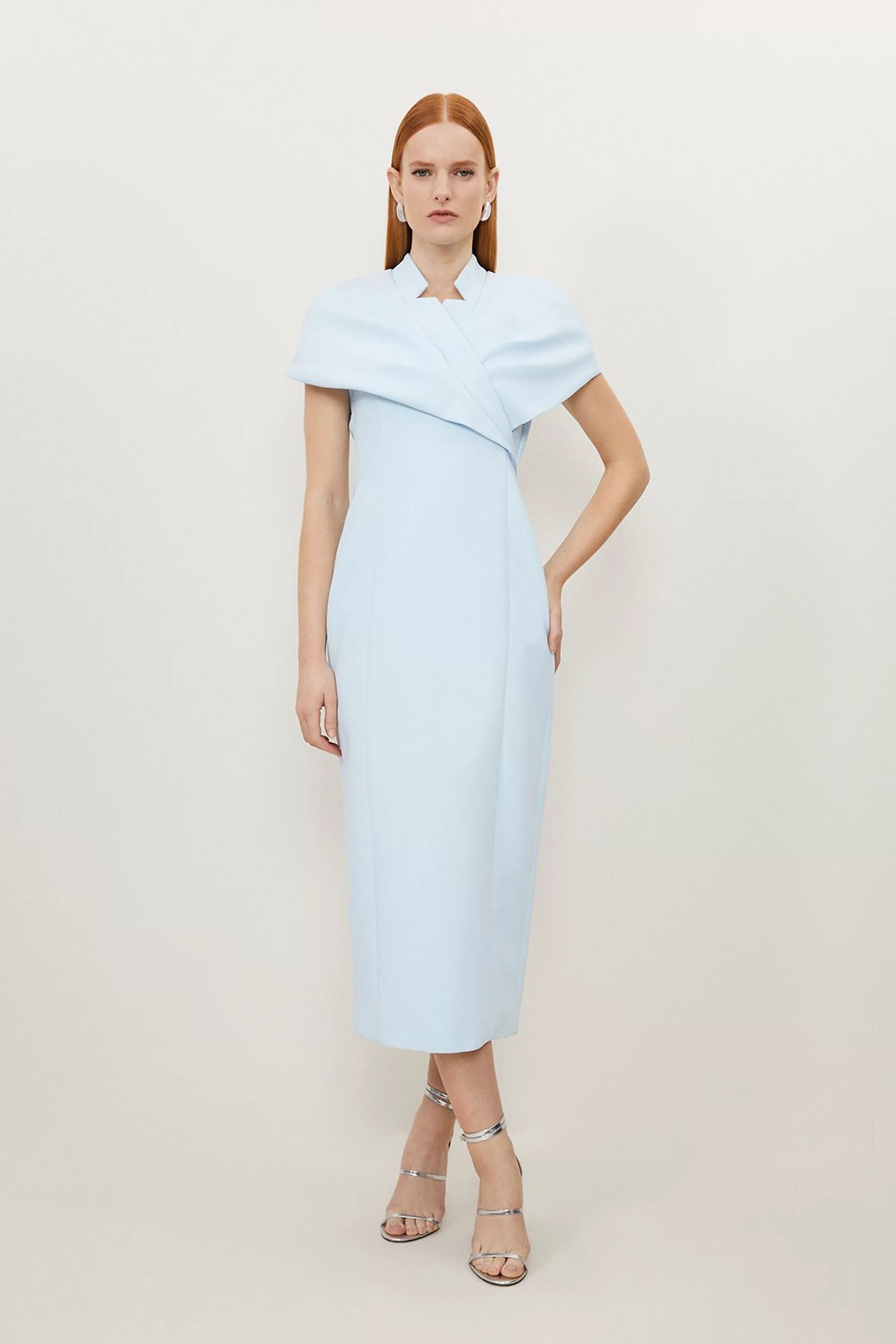 Clean Tailored Wrap Cape Sleeve Midi Pencil Dress | Karen Millen US