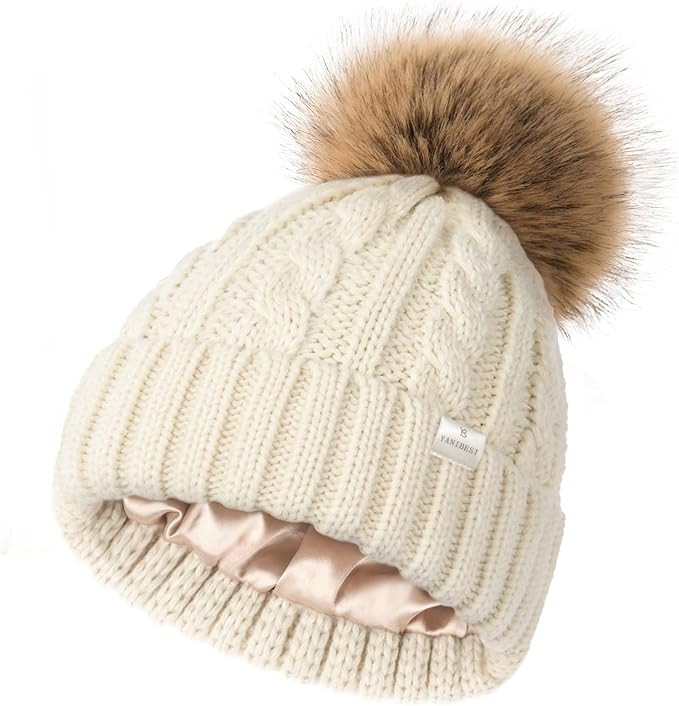 YANIBEST Womens Winter Beanie Hat Satin Lined Knitted Beanie Hat Warm Soft Ski Cuff Cap with Pom ... | Amazon (US)