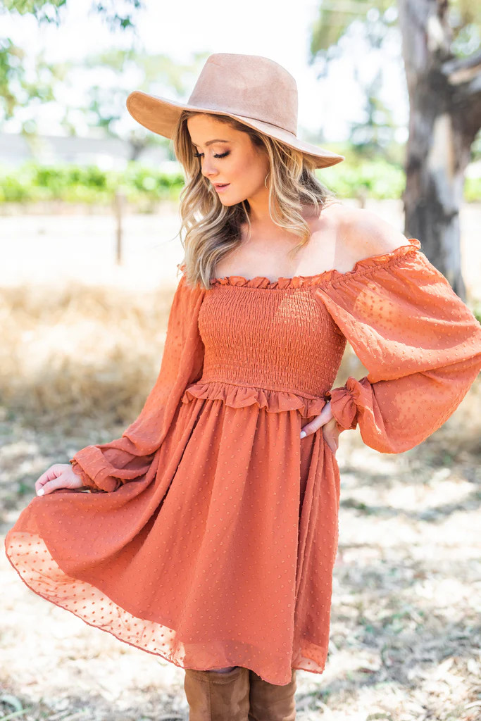On Your Time Rust Orange Smocked Dress | The Mint Julep Boutique