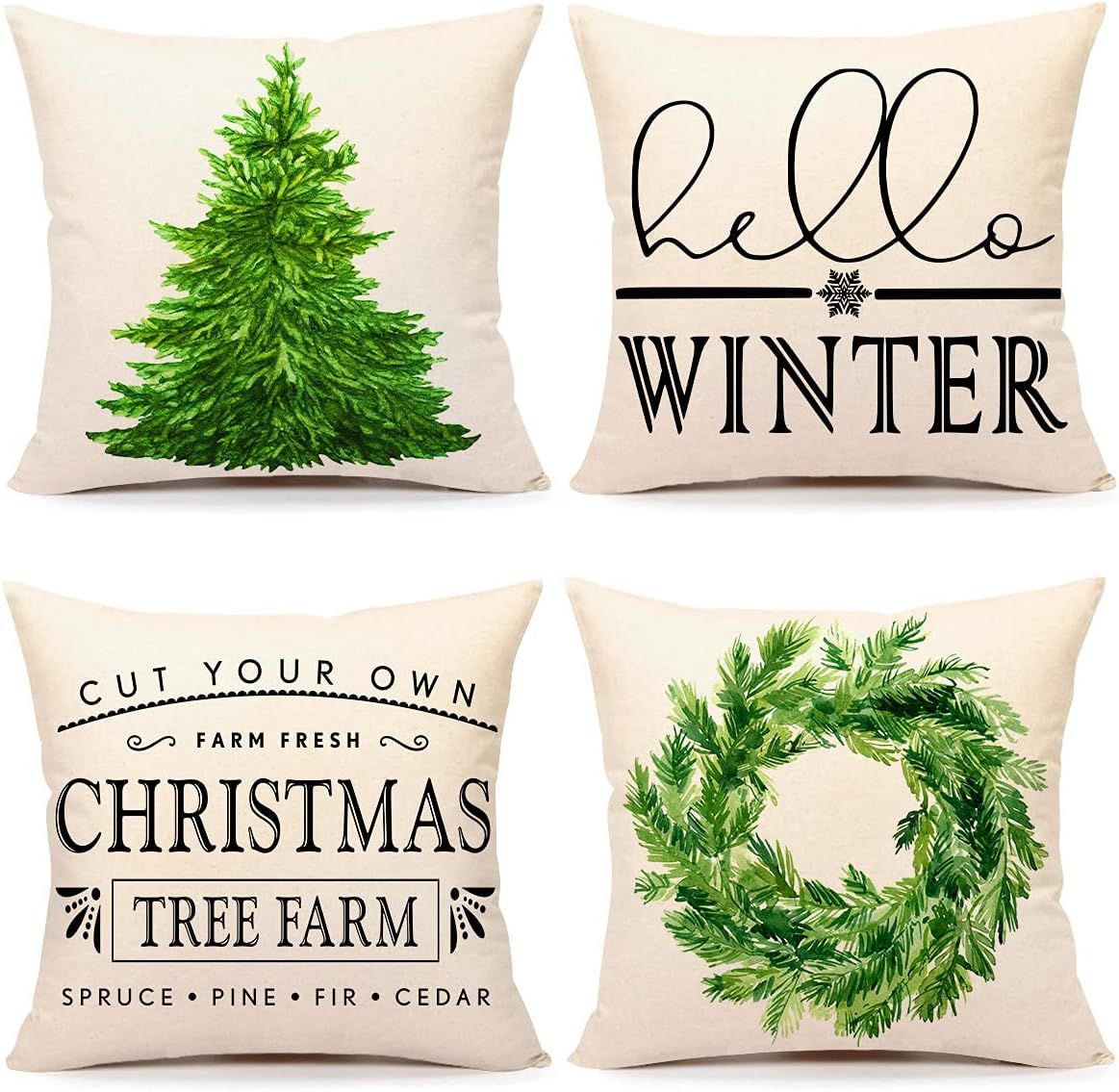 4TH Emotion Christmas Pillow Covers 18x18 Set of 4 Farmhouse Christmas Decorations Green Fir Tree... | Amazon (US)