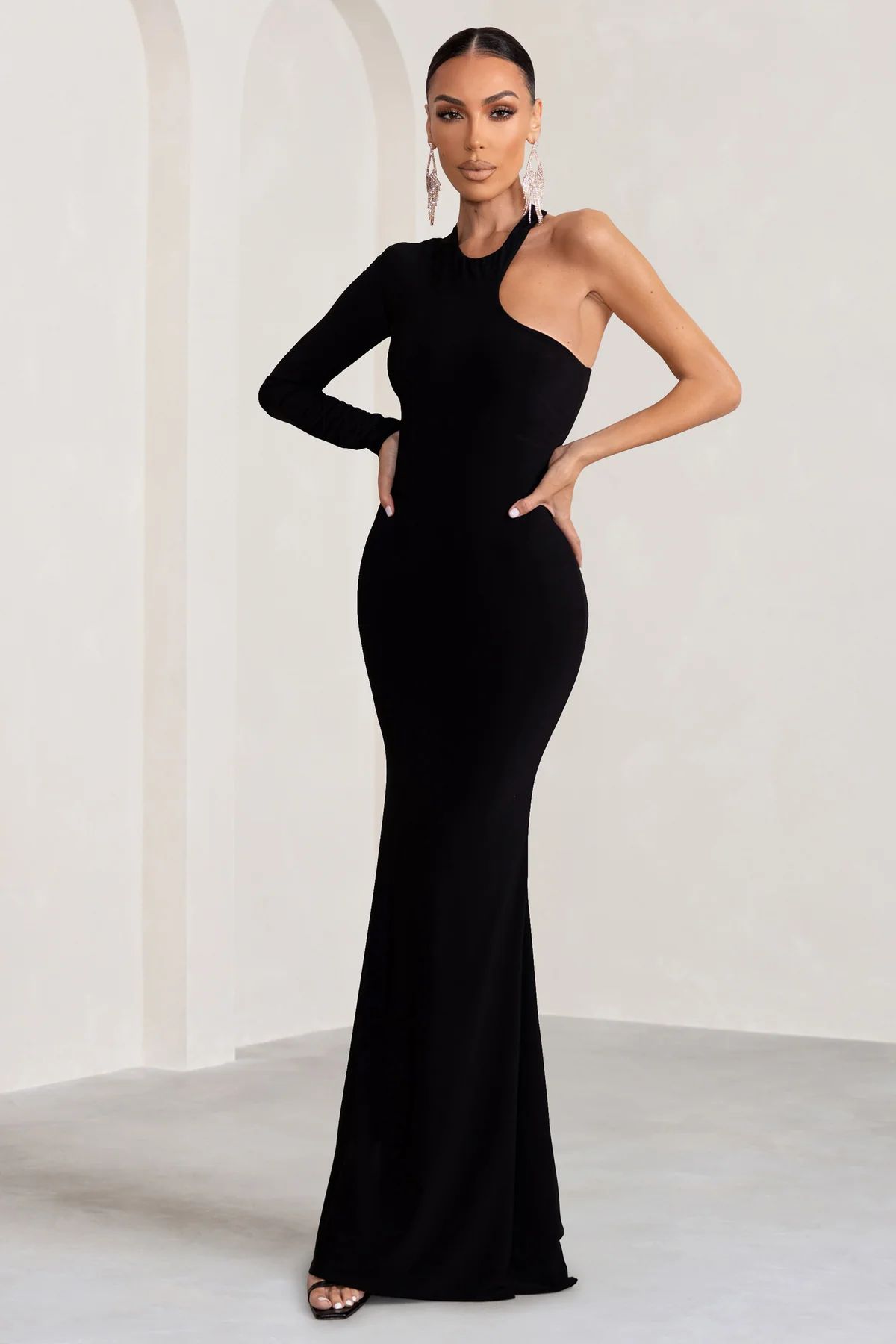 Tyra | Black Asymmetric Neck Cut Out Maxi Dress With Open Back Detail | Club L London