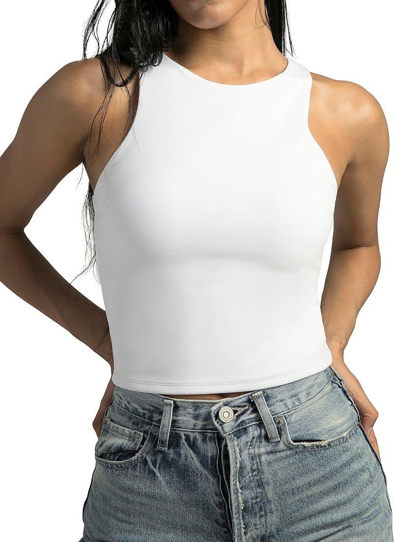 Colorfulkoala Women's High Neck Tank Top - Double Lined, Sculpting Crop Yoga Shirt (Ice Blue, Medium)