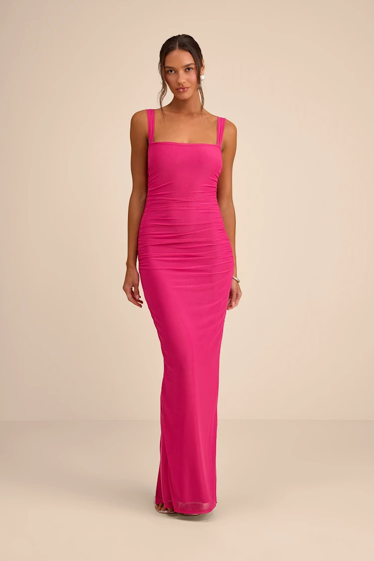 Amazing Presence Fuchsia Mesh Ruched Column Maxi Dress | Lulus