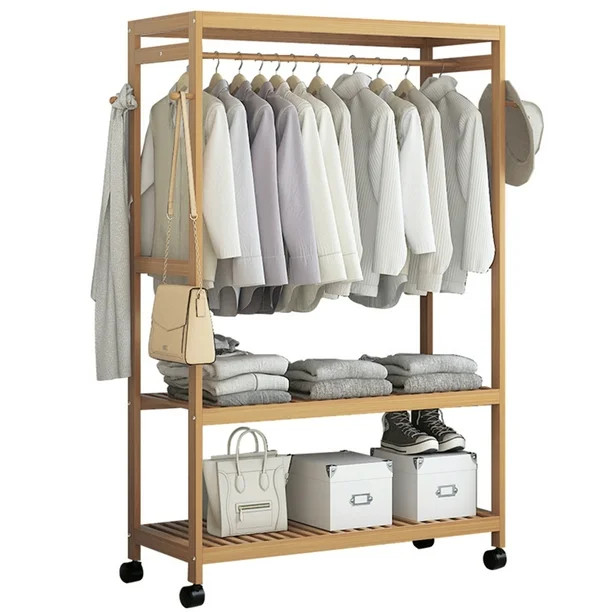 3 Sizes Bamboo Rolling Clothes Rack Storage Shelves,Clothes Laundry Rack, Clothes Garment Rack, G... | Walmart (US)