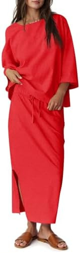 Tankaneo Womens 2 Piece Outfits Fall Skirt Sets Oversized 3/4 Sleeve Top and Maxi Skirt Vacation ... | Amazon (US)