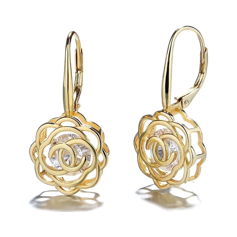 14K Yellow Gold Plated Caged with Crystals from Swarovski Rose Lever Back Earrings | Walmart (US)
