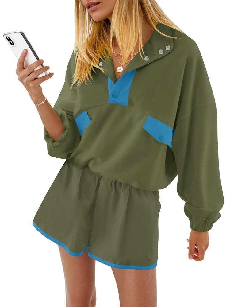 Fisoew Womens 2 Piece Outfits Sweatsuits Casual Snap Color Block Sweatshirts Running Shorts Sets ... | Amazon (US)