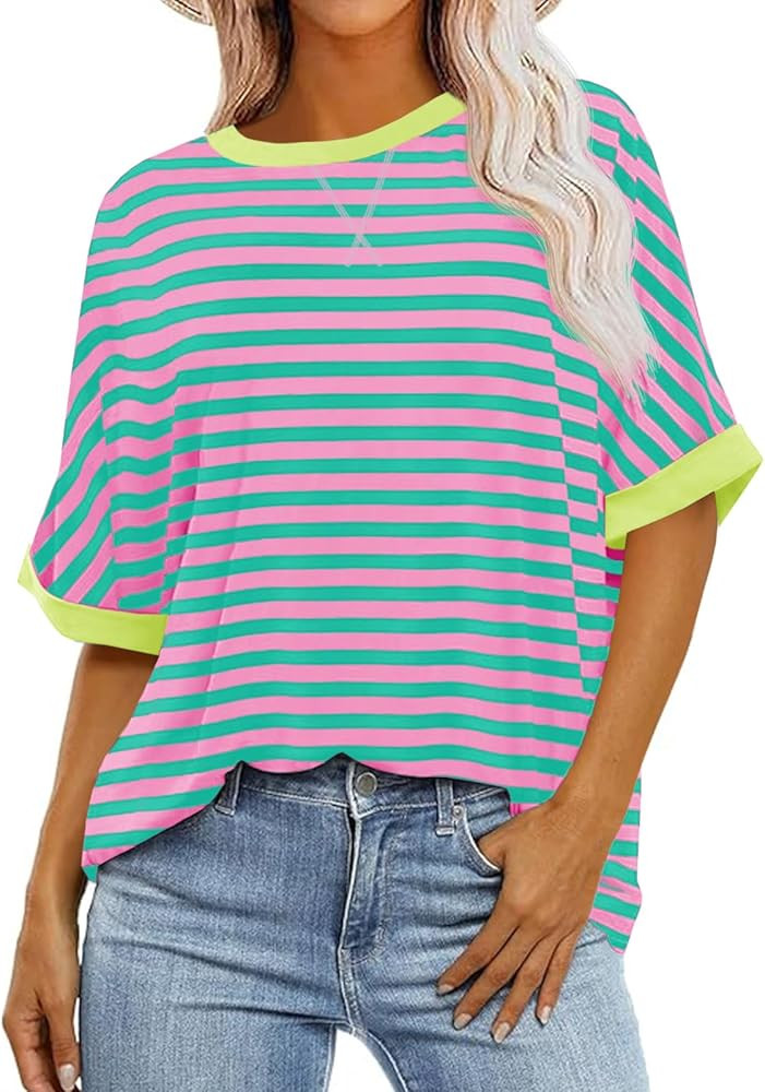 Tankaneo Womens Oversized Striped Tee Shirt Summer Casual Color Block Half Sleeve Crew Neck Tunic... | Amazon (US)
