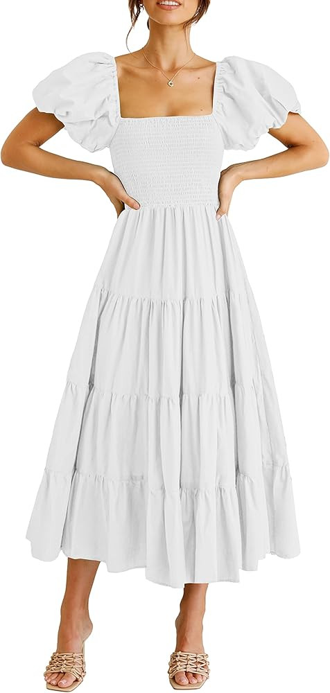 CFLONGE Women's Summer Causal Boho Dress Square Neck Puff Sleeve High Waist Ruffle Flowy A Line M... | Amazon (US)