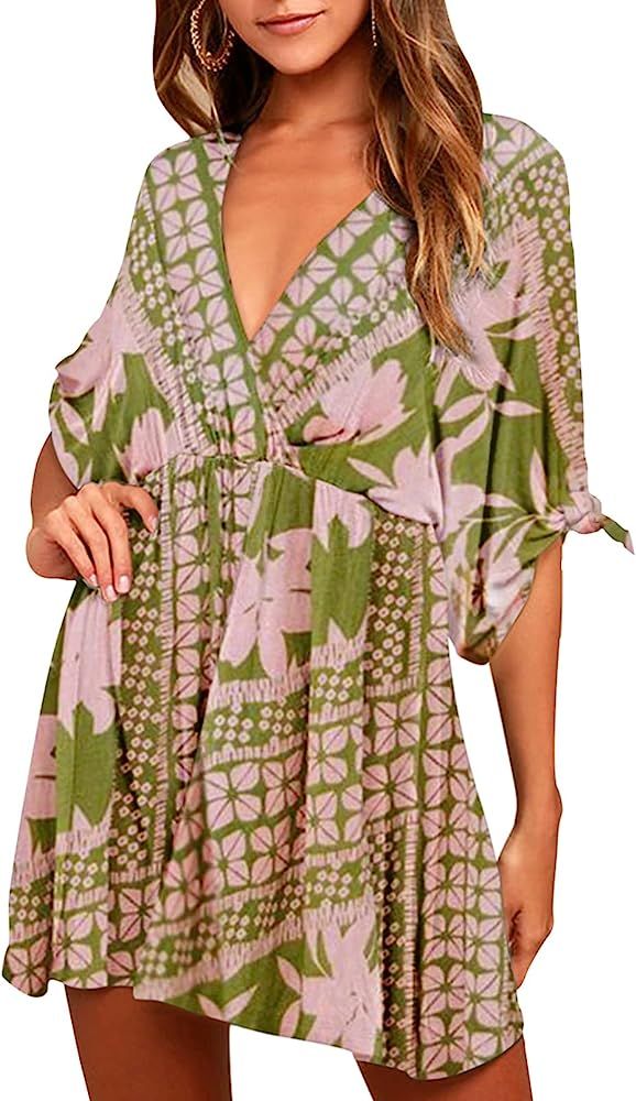 Meenew Women's Short Beach Dress Deep V Neck Summer Casual Loose Swing Dress | Amazon (US)