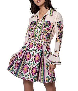 Petite Size Floral Printed Collared Long Sleeve Crepe Mini Shirt Dress | Dillard's