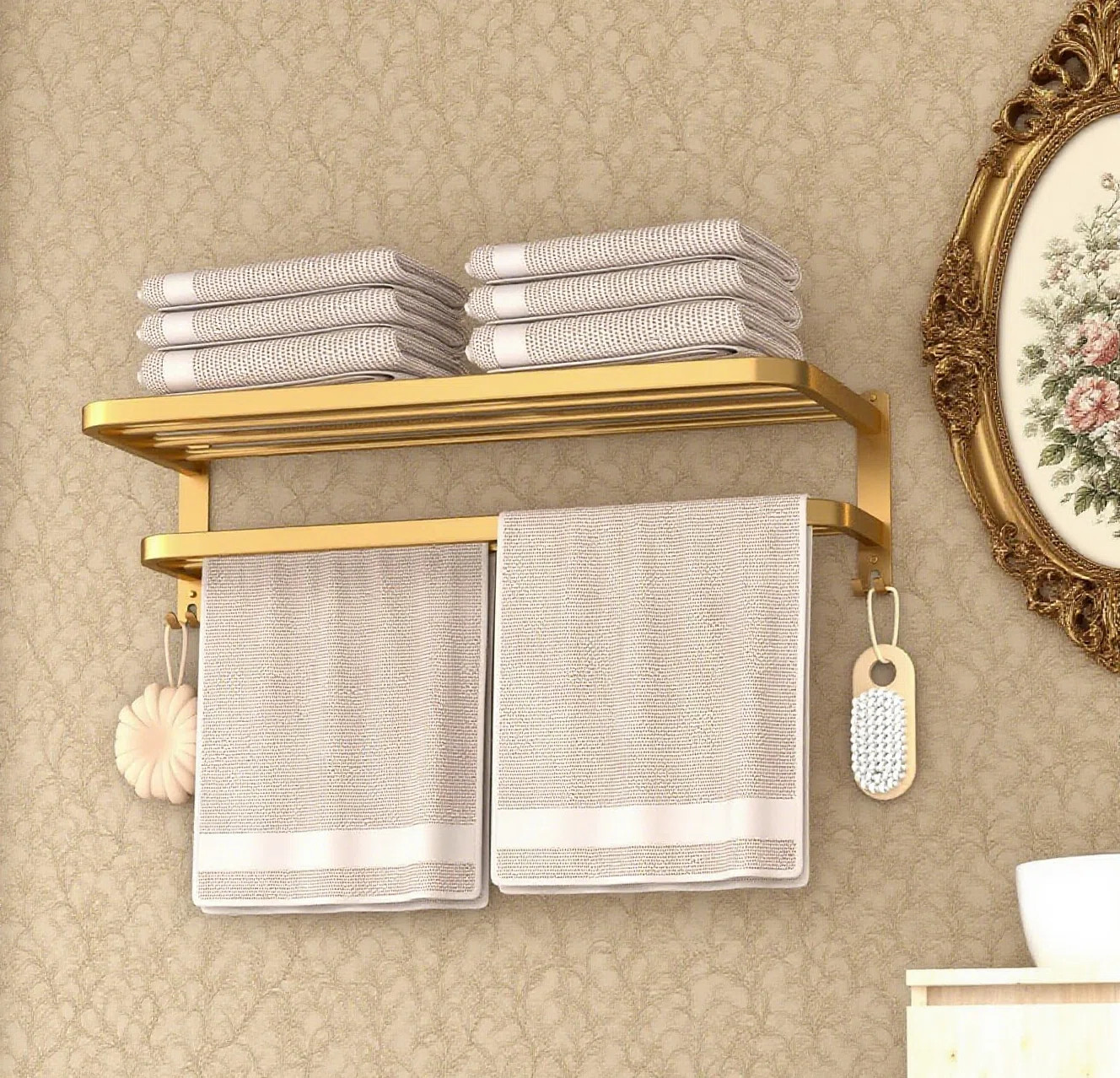Stainless Steel Bathroom Towel Rack With Double Bars And Hooks - Wall Mounted Lavatory Shelf For ... | Wayfair North America