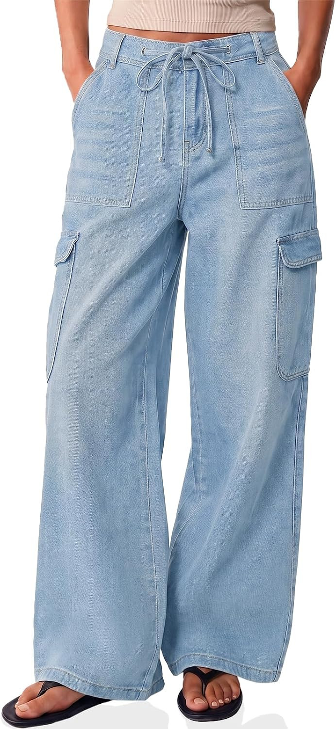 Women's Cargo Jeans High Waisted Wide Leg Baggy Drawstring Pants | Amazon (US)