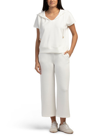 2pc Scuba Extended Shoulder V-neck Hooded Top And Crop Pants Set | TJ Maxx