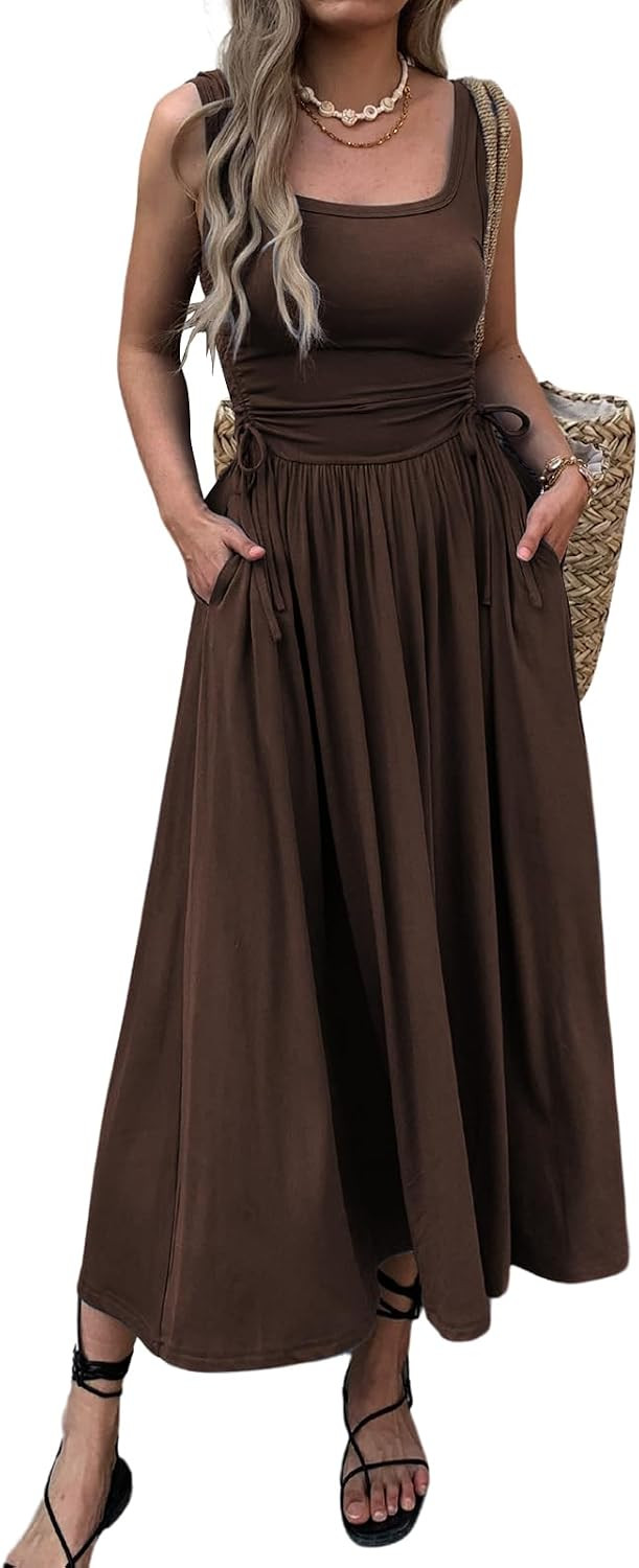 Mieazom Women’s Boho Summer Maxi Dress with Pockets, Adjustable Waist, Sleeveless Casual Ruched Sundress for Beach Vacation | Amazon (US)