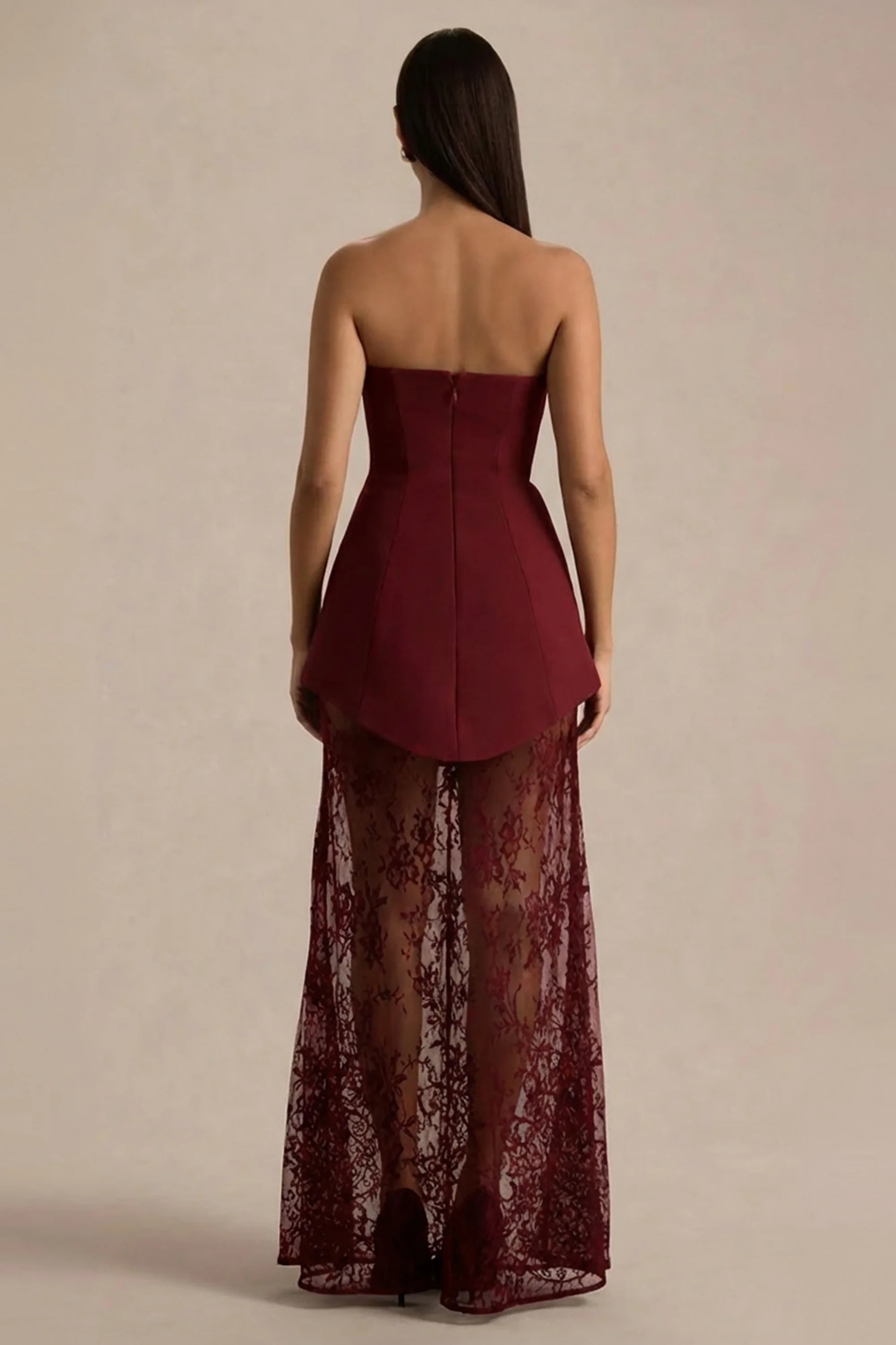Brandi | Burgundy Bandeau Maxi Dress With Lace Skirt | Club L London