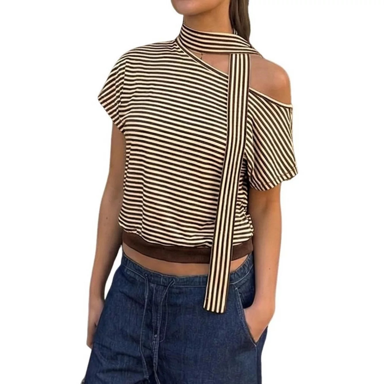 Women's Striped Off The Shoulder Tops Short Sleeve Cinched Waist Summer Casual Tee Shirt with Sca... | Kohl's