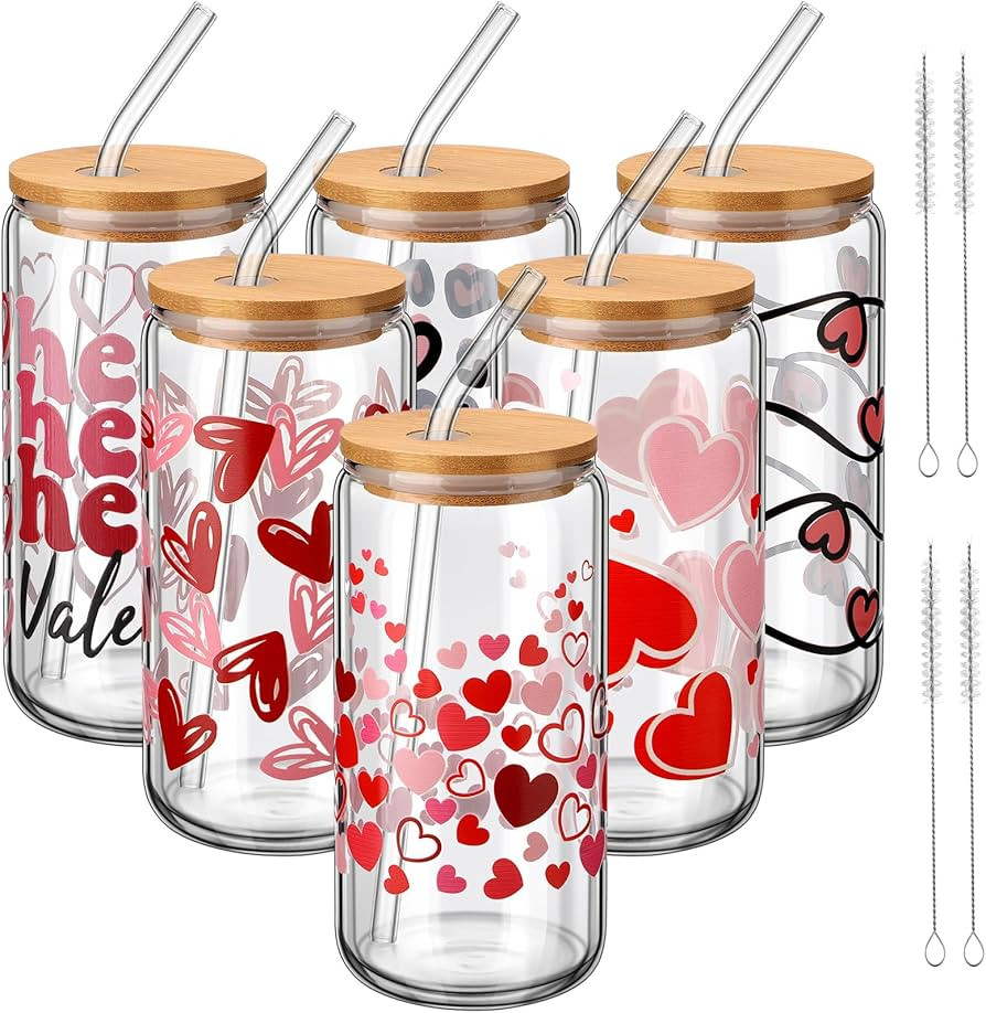 SiliFine 6 Pcs Valentine's Day Drinking Glasses 16 oz Hearts Glass Cup with Bamboo Lid and Glass ... | Amazon (US)