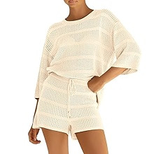 PRETTYGARDEN Women's Summer 2 Piece Swimsuit Coverup Hollow Out Knit Half Sleeve Tops Shorts Sets... | Amazon (US)