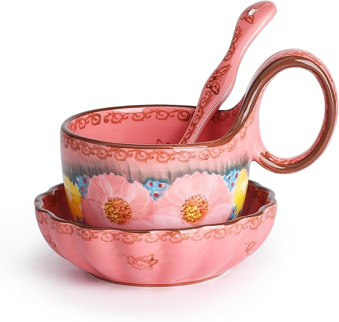 silesia Handmade Loop Handle Soup Bowl, Plate and Spoon Set - Ceramic Hand Painted Cereal Bowl Gr... | Amazon (US)