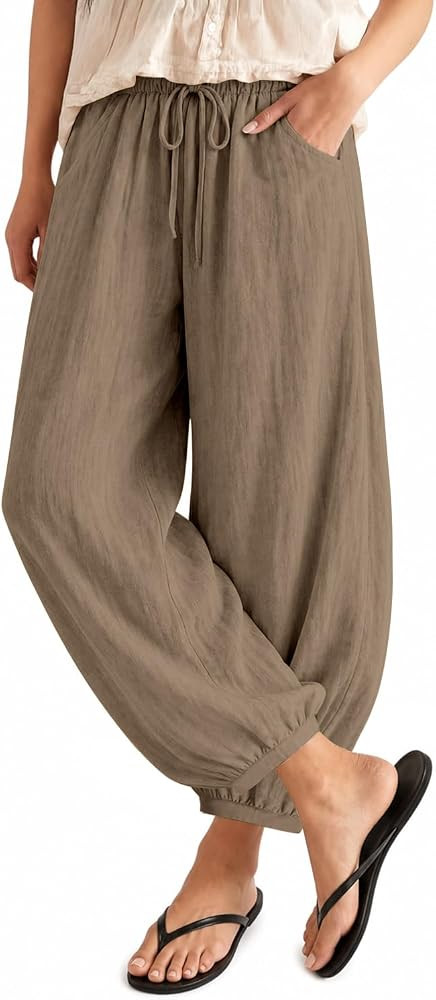 Womens Baggy Linen Balloon Barrel Beach Pants Drawstring Loose Wide Leg Boho Harem Pants with Poc... | Amazon (US)