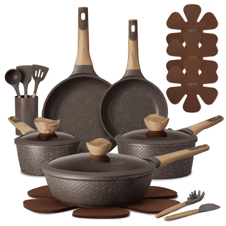 CAROTE 18-Piece Nonstick Pots and Pans, Granite Cookware Set with Kitchen Utensils, Brown | Walmart (US)