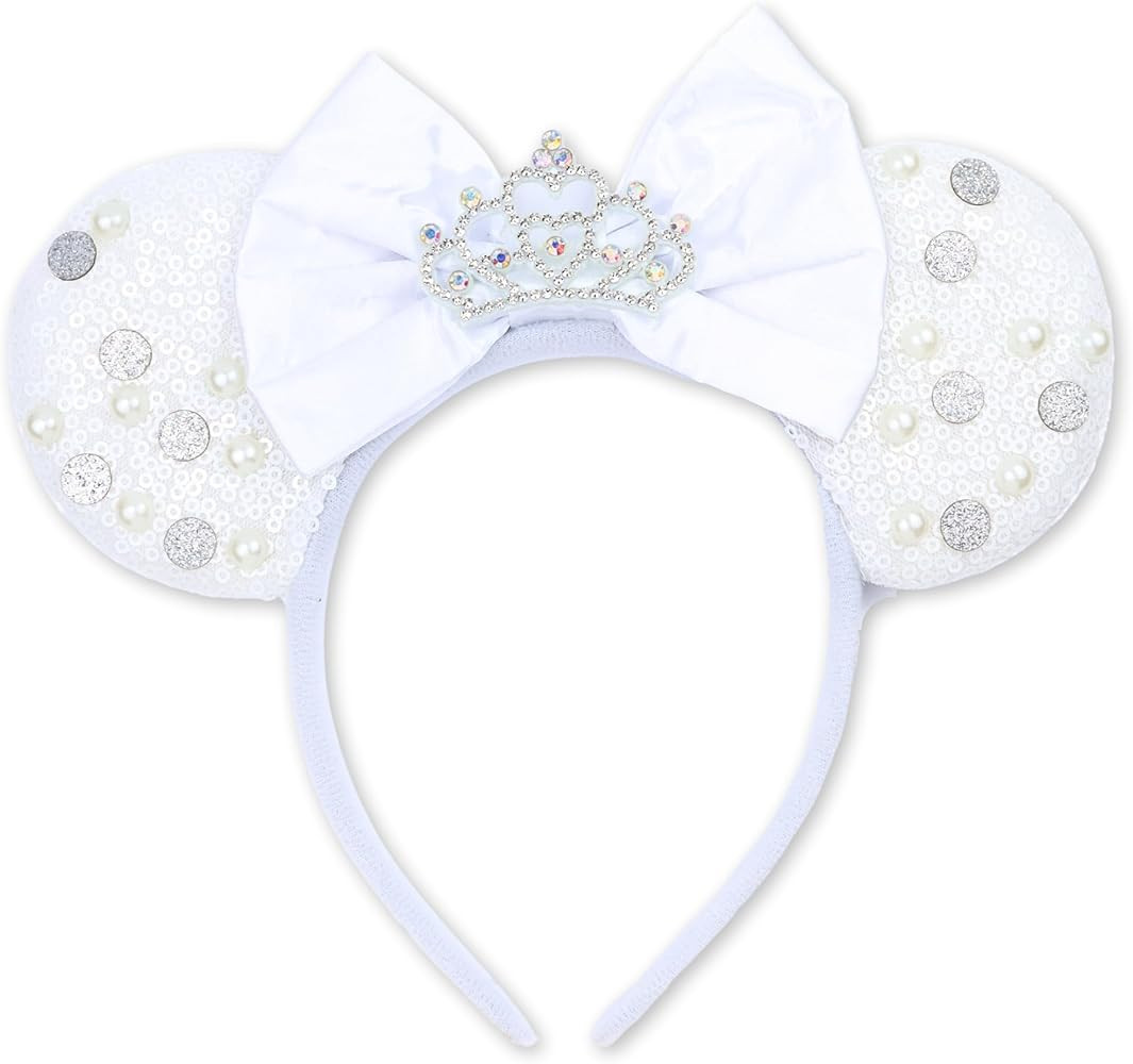 Needzo White Bride Minnie Ears Headband, Sequins, Bow, and Faux Pearls, and Princess Crown, Engag... | Amazon (US)