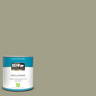 BEHR PREMIUM PLUS 1 qt. #BXC-82 Potting Moss Satin Enamel Low Odor Interior Paint & Primer 740004... | The Home Depot