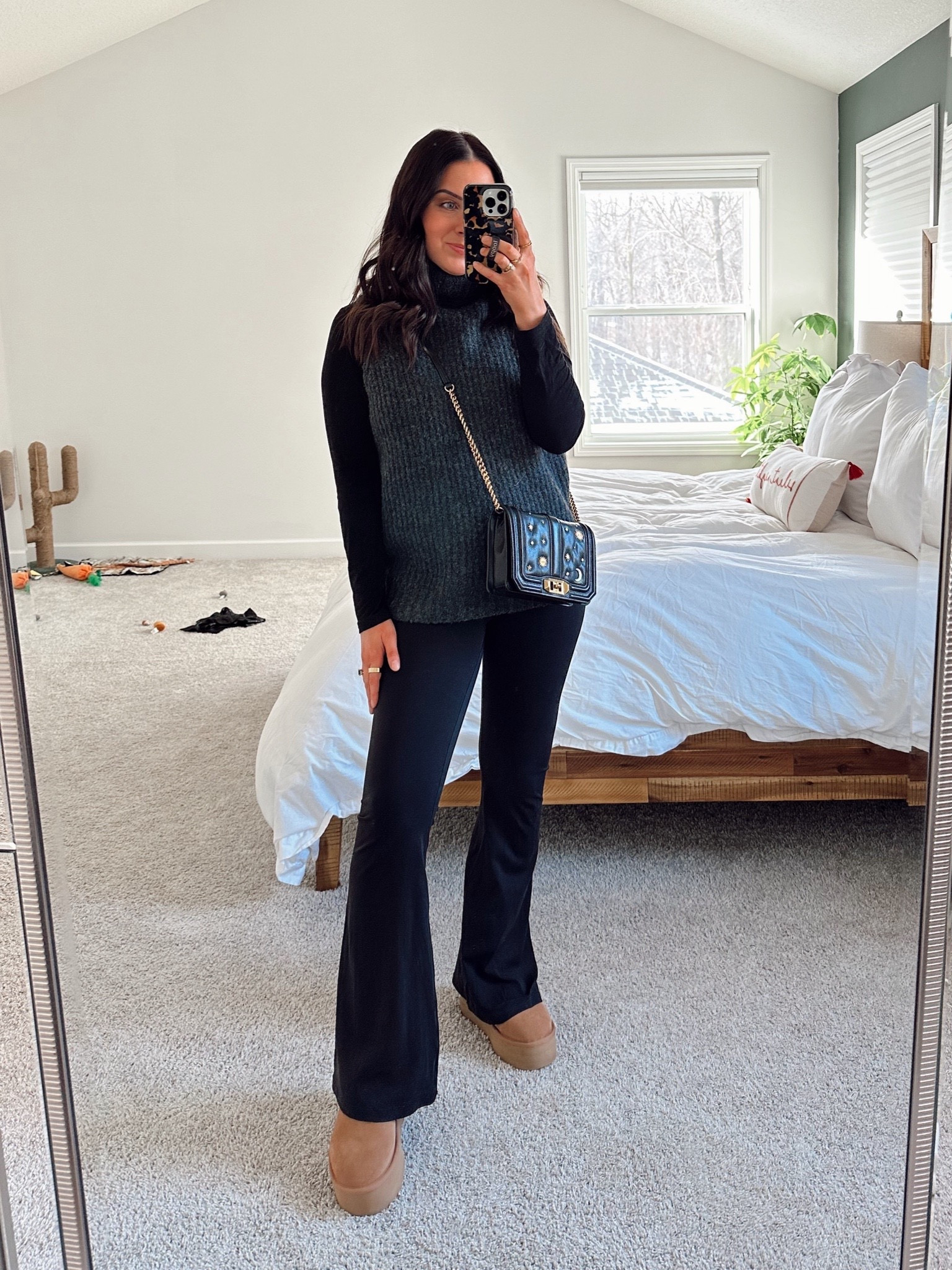Casual lounge winter outfit on sale! Sweater up to 50% off and flared leggings are 30% off! Wearing m in all, short length pants, size down in Uggs if between sizes 

#LTKstyletip #LTKfindsunder100 #LTKsalealert