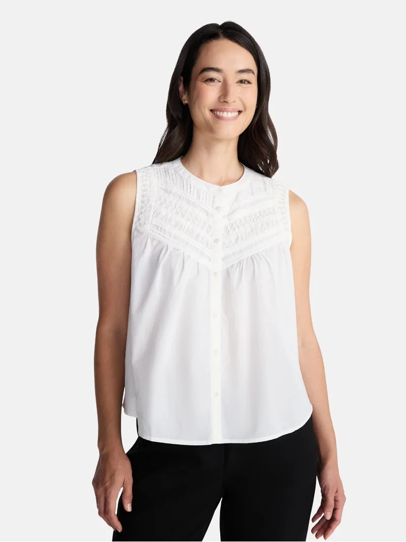 Time and Tru Women's Cotton Sleeveless Pleated Top, Sizes XS-XXXL | Walmart (US)