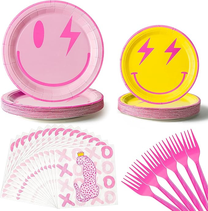 AellasNervalt 96Pcs Preppy Party Tableware Set Smile Face Paper Dessert Plates Napkins Forks Disp... | Amazon (US)