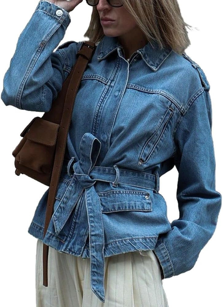 Molilove Women's Long Sleeve Zipper Jean Jacket Belted Casual Fall Fashion Denim Jacket Coat Stre... | Amazon (US)
