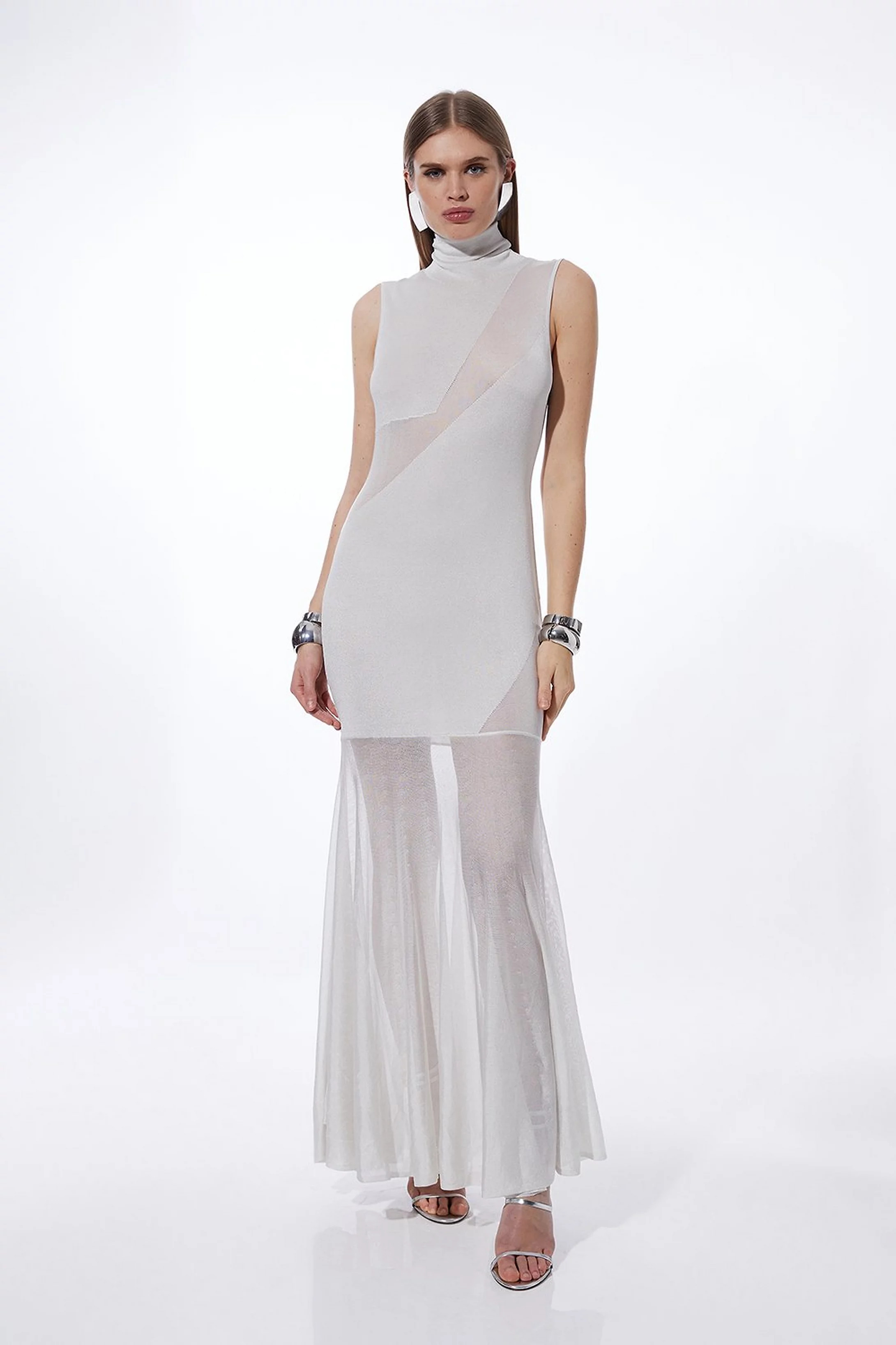 Viscose Blend Slinky Sheer Knit Roll Neck Maxi Dress | Karen Millen UK + IE + DE + NL