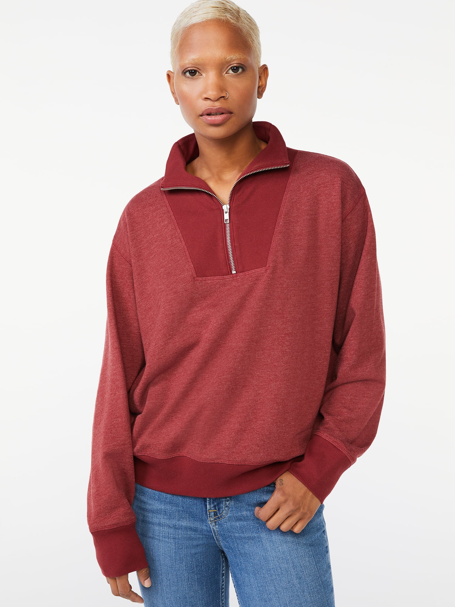 Free Assembly Women's Half Zip Sweatshirt with Collar - Walmart.com | Walmart (US)