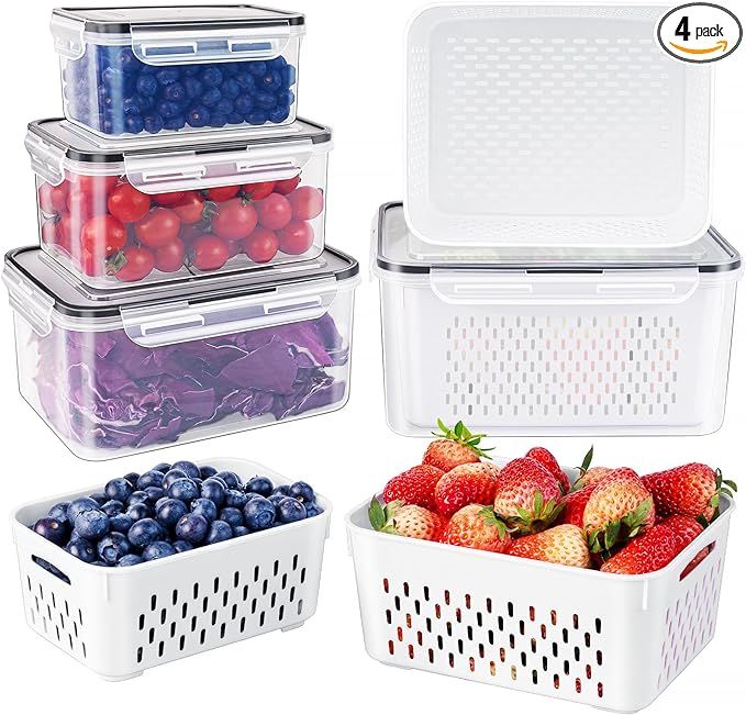 4 PCS Fruit Storage Containers for Fridge with Removable Colander, Airtight Food Storage Containe... | Amazon (US)