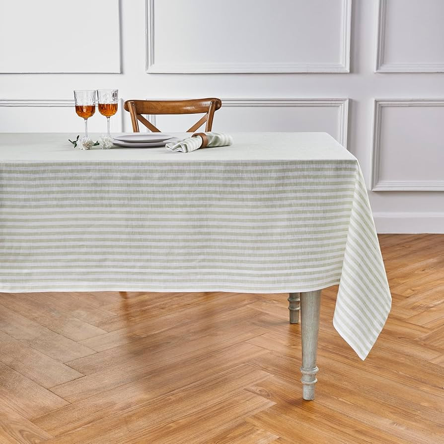 Solino Home Striped Linen Tablecloth 60 x 90 Inch – 100% Pure Linen Sage and White Tablecloth f... | Amazon (US)
